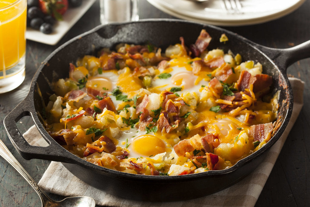 Breakfast Skillet With Cheesy Potatoes, Eggs, And Bacon