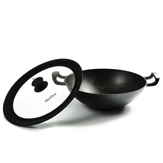 Uno Casa Cast Iron Wok Pan - Flat Bottom Wok with Silicone Lid - 12.5 inch, 5.2