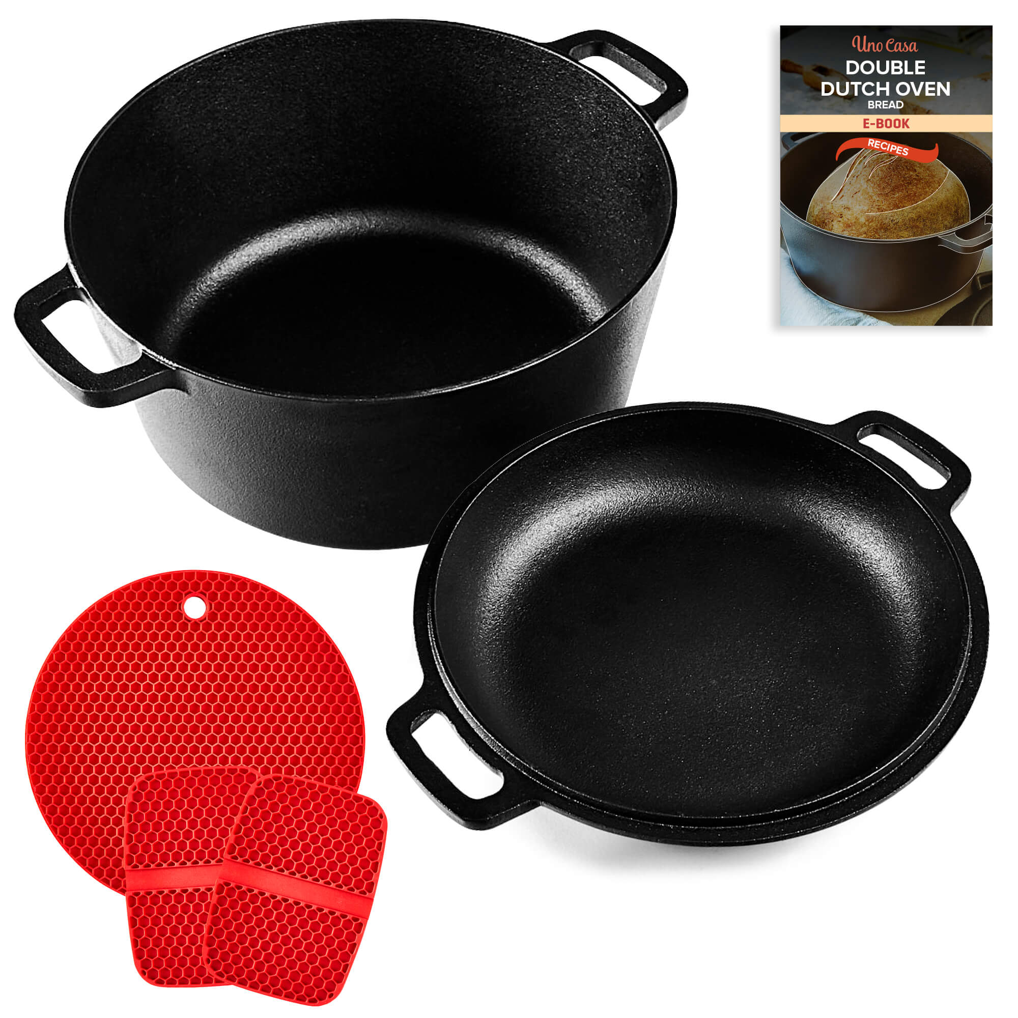 Uno Casa Cast Iron Dutch Oven with Lid - Pre-Seasoned 2 in1 5Q Pot and 1.6Q Pan