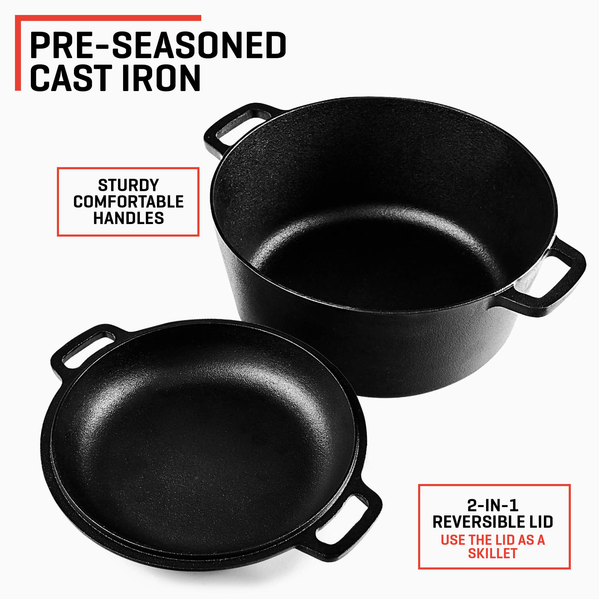 Cuisinel Pre Seasoned Cast Iron Skillet and 3 QT Double Dutch Oven Set
