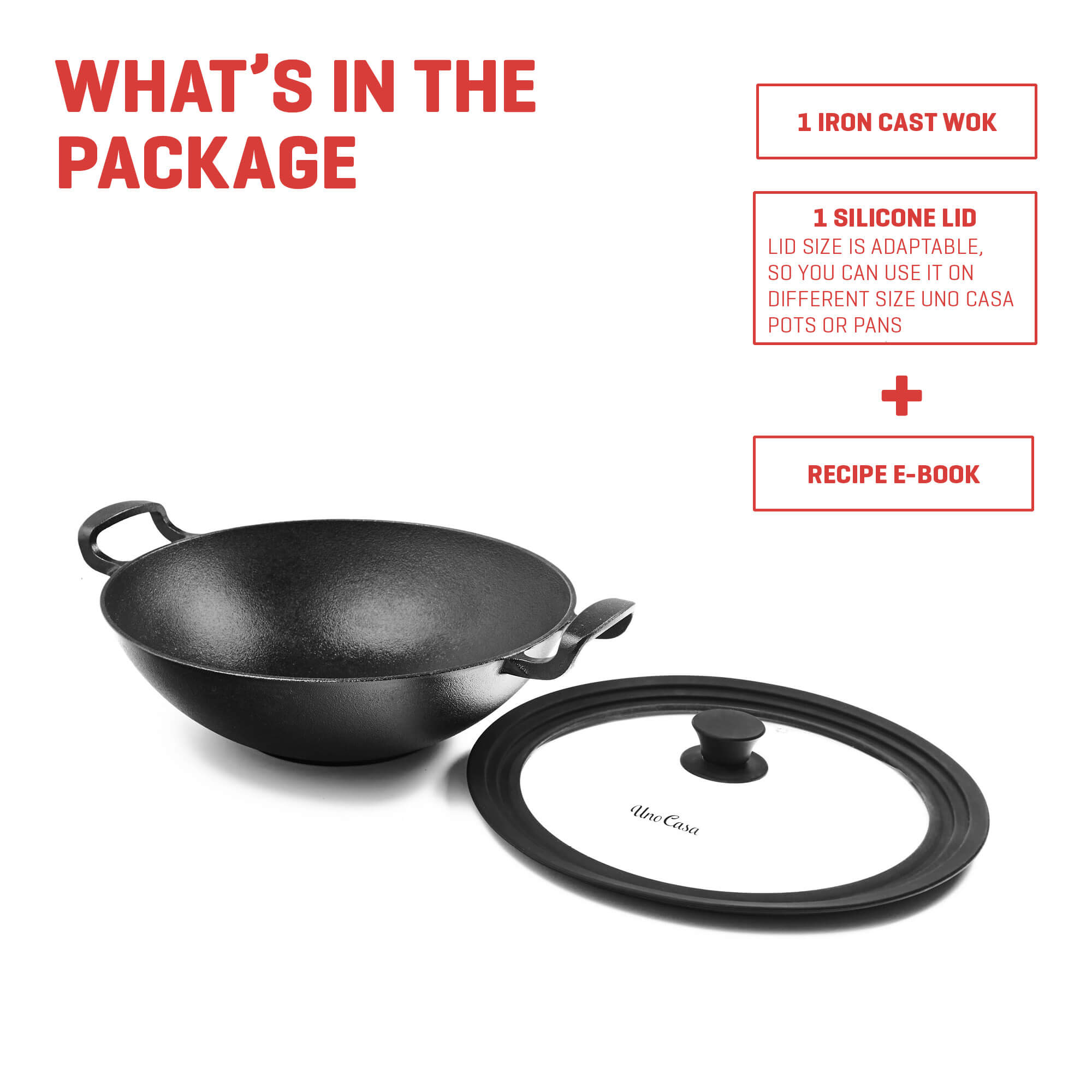 Uno Casa Cast Iron Wok Pan - Flat Bottom Wok with Silicone Lid - 12.5 inch, 5.2